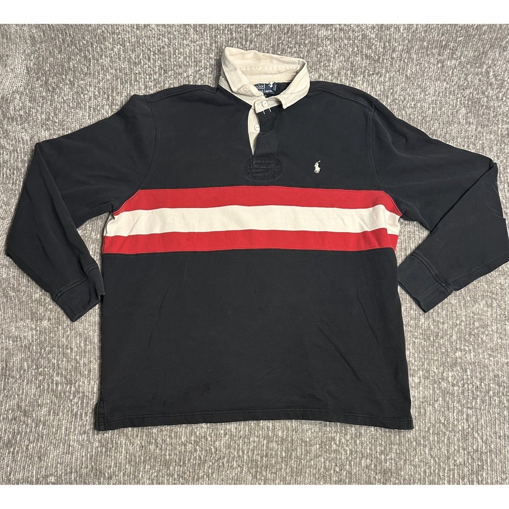 Vintage Polo Ralph Lauren Rugby Shirt Men XL Black Red Stripe Fleece Lined RL